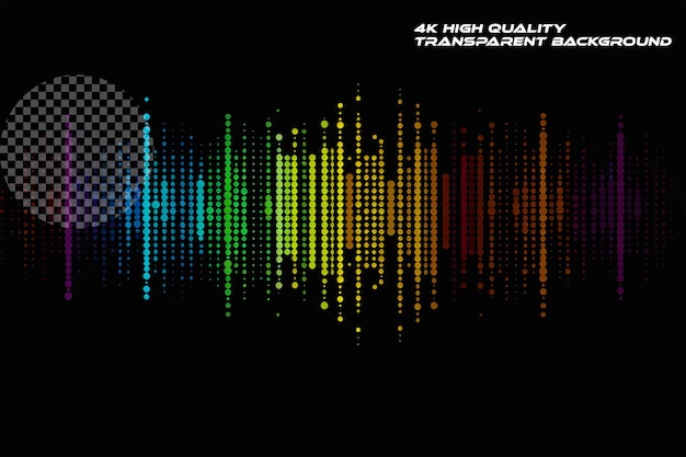 An audio spectrum grid made of rainbow dots on a black b on transparent background