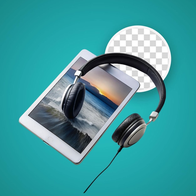 Audioboekconcept koptelefoon en digitale tablet op tafel