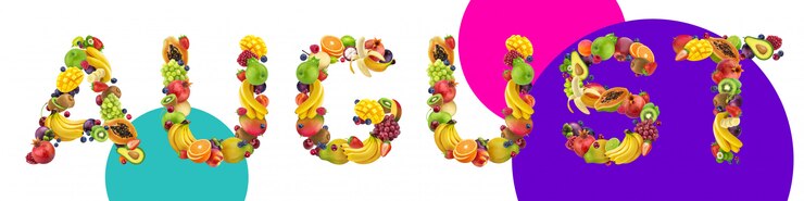 PSD august word made of different fruits and berries