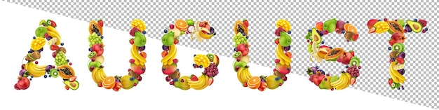 August word made of different fruits and berries