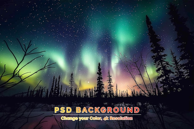 PSD aurora borealis and star night sky in russian lapland tuloma river