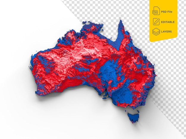 PSD mappa dell'australia con i colori della bandiera blu e rosso relief mappa sfondo bianco illustrazione 3d