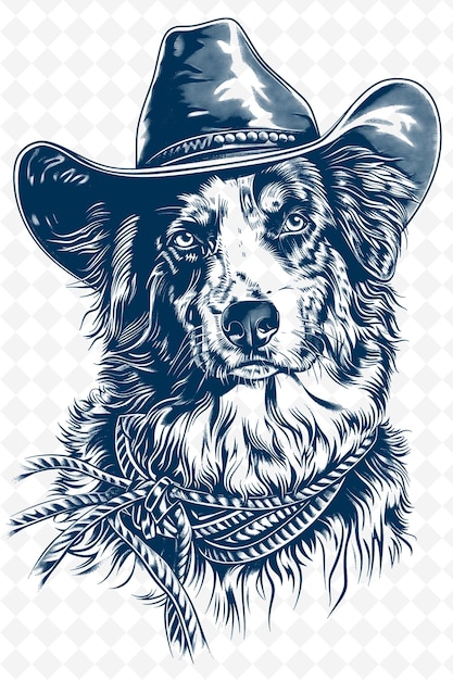 PSD australian shepherd with a cowboy hat and lasso looking rugg animals sketch art vector collections