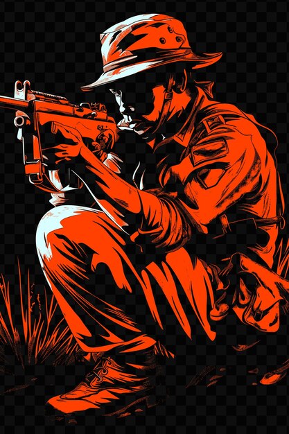 Australian soldier with an owen submachine gun in a crouchin tshirt design art tattoo ink outlines