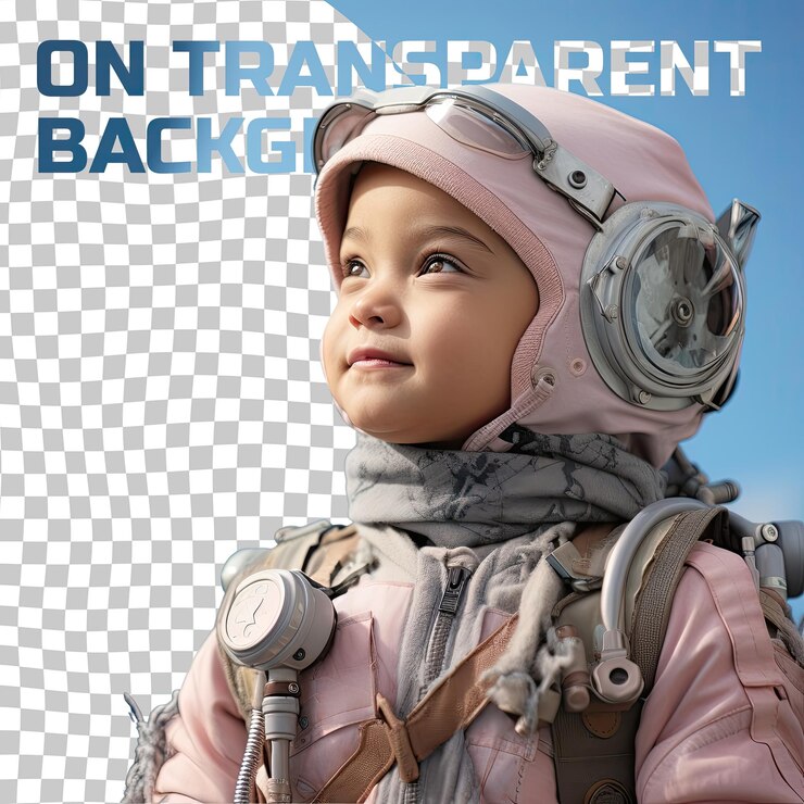 PSD australian toddler bald optimistic aerospace engineer in stylish pose against pastel blue backdrop
