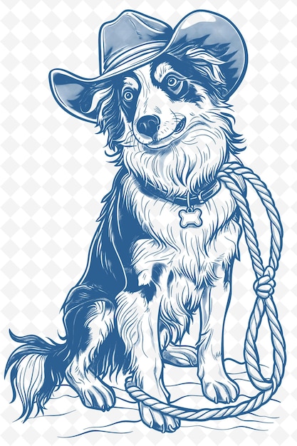 PSD australische herder met een cowboyhoed en lasso rugged looking animals sketch art vector collections