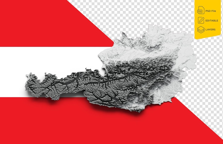 PSD austria map flag shaded relief color height map on austria flag colors background 3d illustration