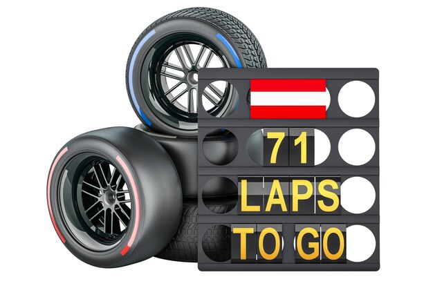 Austrian racing pit board with flag of Austria and racing wheels with different compounds type tyres 3D rendering isolated on transparent background
