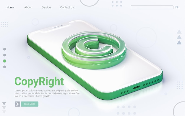 Auteursrechtteken op mobiele telefoon geïsoleerde witte achtergrond 3d geef concept voor webbanner terug