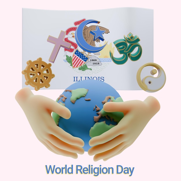 authentic 3d renders of world religion day with illinois flags