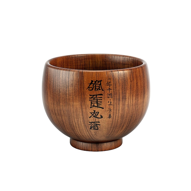 PSD 有雕刻字符的真實日本木碗 傳統茶禮器皿