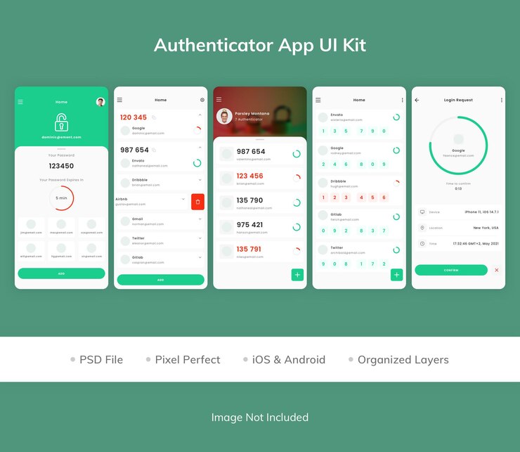 PSD комплект пользовательского интерфейса приложения authenticator