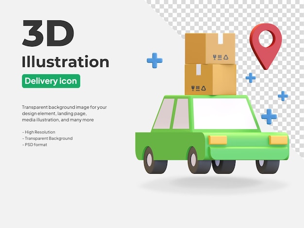 PSD auto met pakketdoos rembours service pictogram 3d render illustratie