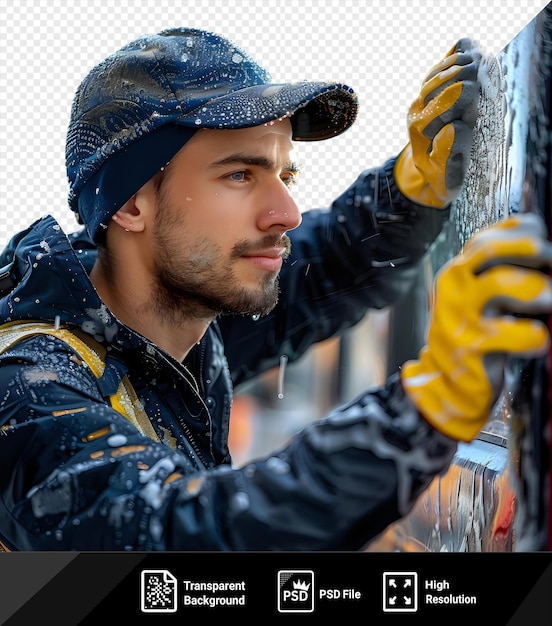 PSD autodealer die de voorruit van het motorvoertuig buiten wast met een zwart-blauwe jas, blauwe hoed en gele handschoen met een prominente neus en bruine en blauwe ogen png