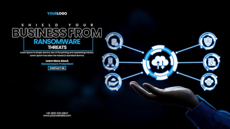 PSD automated backup data retention banner template with hand holding a glowing data backup and recovery icon on a blue background