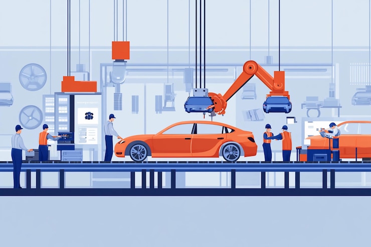 PSD automated car assembly line with workers and robots manufacturing vehicles