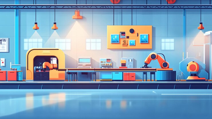 PSD automated factory interior with robotic arms and machinery