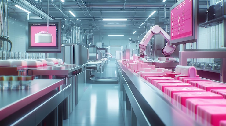PSD automated factory production line with pink products moving along conveyor belt