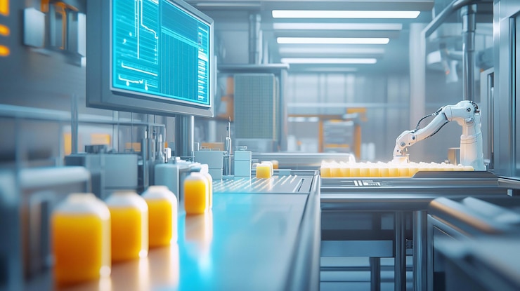 PSD automated factory production line with robotic arm and containers of product on conveyor belt