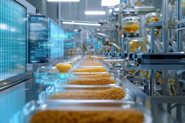 Automated food processing factory with digital display showing production data