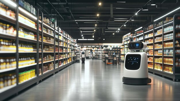 automated grocery store with a robot assistant navigating aisles filled with products
