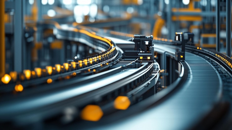 PSD automated industrial conveyor belt system curving through a modern factory