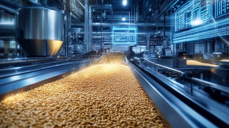 PSD automated industrial food processing plant with conveyor belt carrying grains