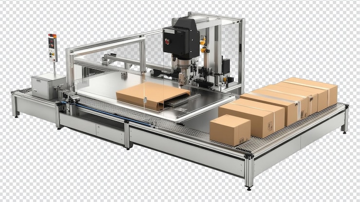 PSD automated packaging machine working efficiently in a warehouse with cardboard boxes ready for shipment