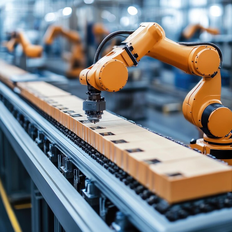 PSD automated robotic arm on assembly line placing components onto conveyor belt in modern factory