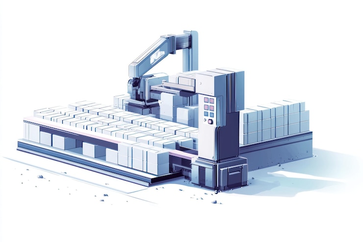 PSD automated robotic arm handling and stacking boxes in a warehouse