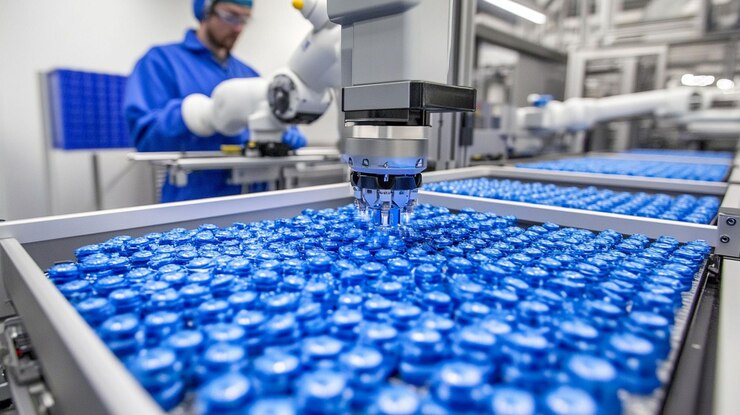 PSD automated robotic arm precisely placing blue vials in a pharmaceutical manufacturing facility