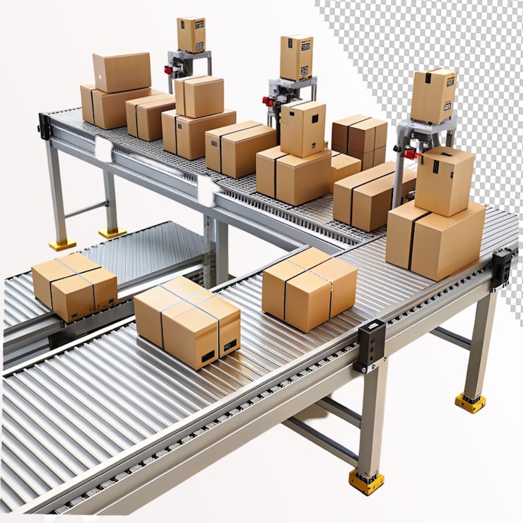 PSD automated robotic conveyor packing parcels flat on transparent background