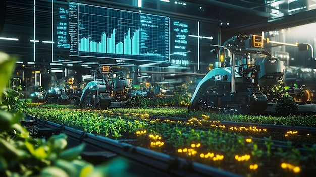 로이 식물을 돌보는 자동 수직 농장과 큰 화면에 표시된 데이터