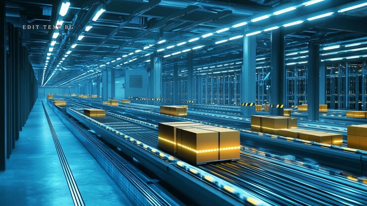 PSD automated warehouse with conveyor belts transporting cardboard boxes