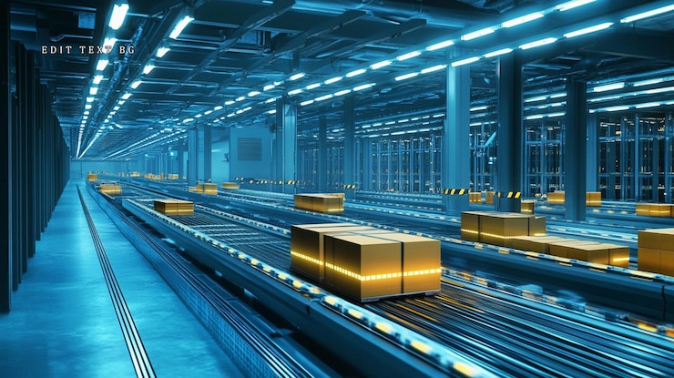 PSD automated warehouse with conveyor belts transporting cardboard boxes