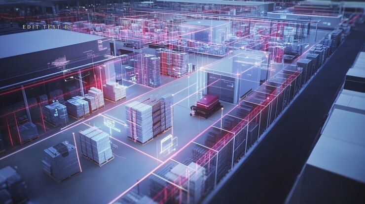 PSD automated warehouse with smart logistics and digital overlay showing product flow and inventory management