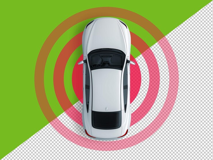 PSD autonomous car top view with radar waves isolated on transparent background png psd