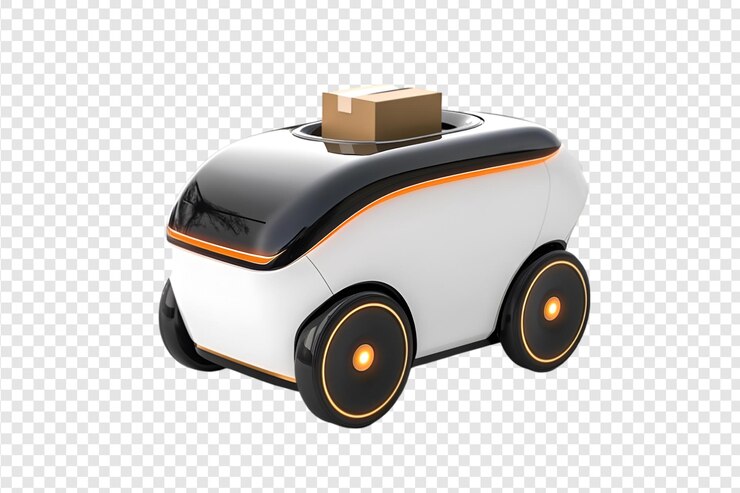 PSD autonomous delivery robot with package for futuristic logistics and transportation on transparent ba