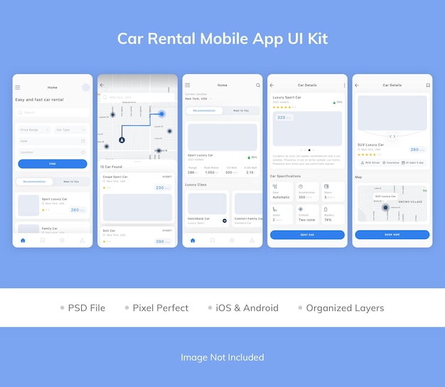 Autoverhuur mobiele app ui kit