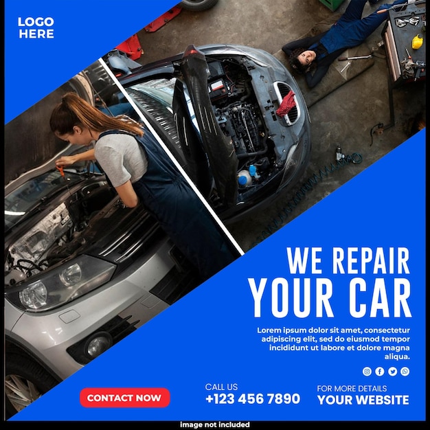 Autowerkplaatsdiensten Instagram-post en sociale media banner- of flyer-sjabloonontwerp