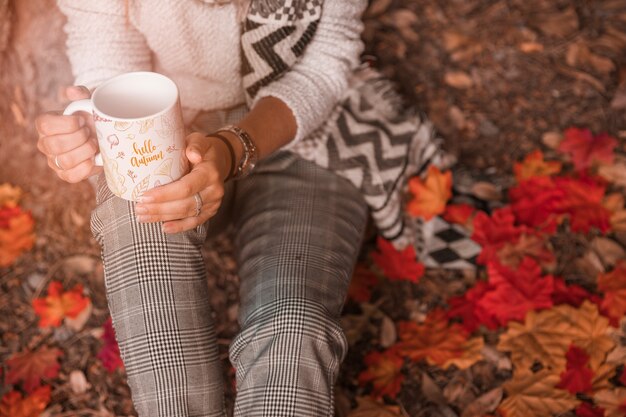 Concetto di autunno con la tazza della holding della donna