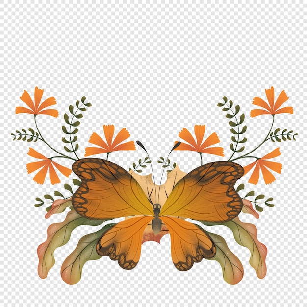 PSD autumn fall wreath frame with autumnal foliage elements png clipart with butterfly