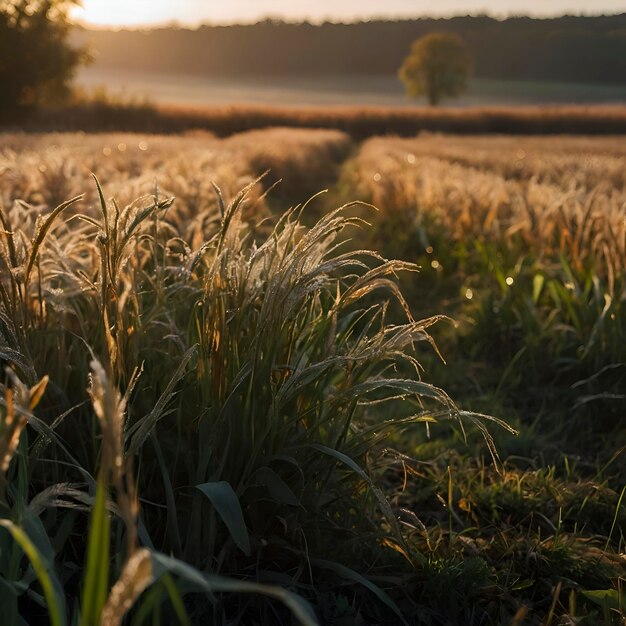 PSD autumn field in the morning with morning sunshine and sparkling dew