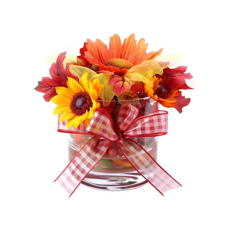 PSD autumn flower arrangement in glass vase with red and white gingham bow