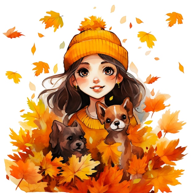 PSD ragazza d'autunno con cuccioli clipart caduta donna con cappello arancione con pompom che tiene due cuccioli