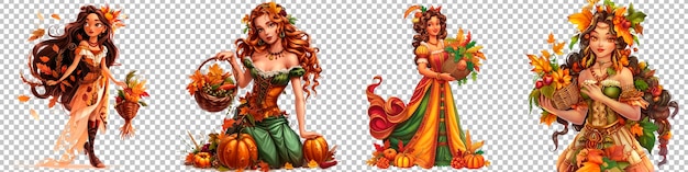 PSD autumn harvest fairies collection isolated on transparent background