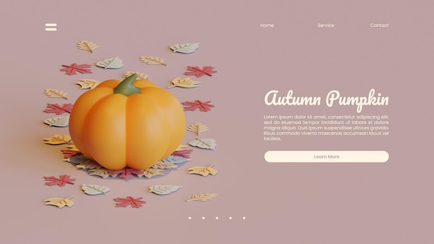 PSD autumn landing page template with pumpkin 3d rendering