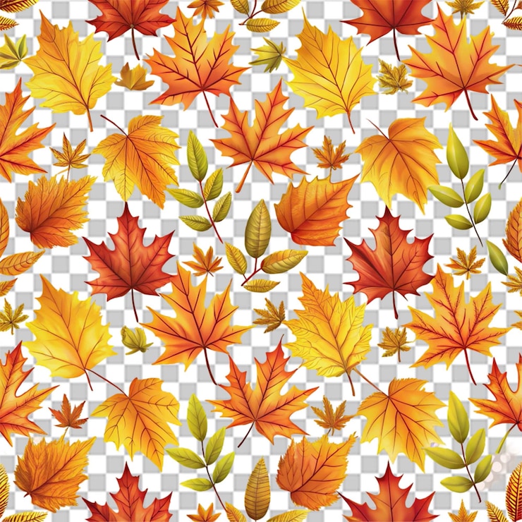 PSD autumn leaves seamless pattern isolated on transparent background