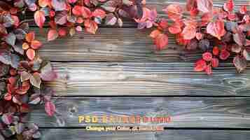 PSD autumn maple leaves frame over wooden background with copy space