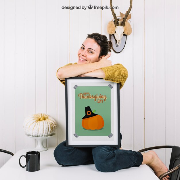 Autumn mockup with happy woman and frame